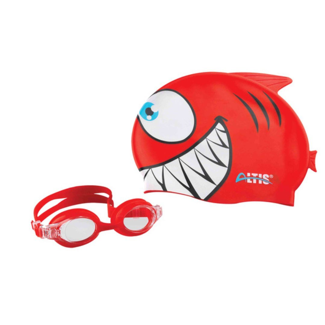 Altis BGS-11 Balık Desenli Çocuk Silikon Bone+Gözlük Set KIRMIZI